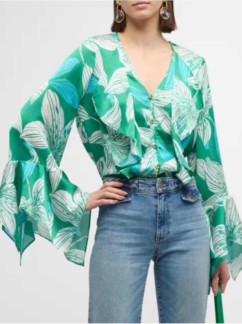 NWOT Ramy Brook Savanna Lily Print Ruffle Button Front Blouse Size XL - Picture 2 of 8